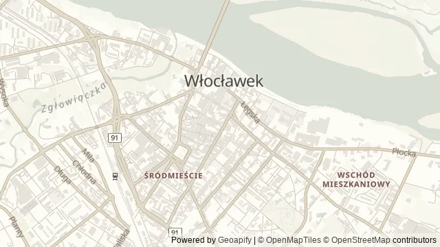Mapa okolicy: Interaktywne Centrum Fajansu – Skarbiec Fajansu — Włocławek, Kujawy i Pałuki. Podgląd obejmuje około 3,6 km w poziomie.