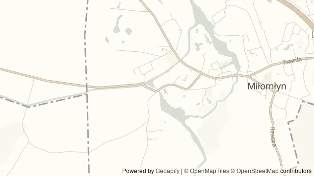 Mapa okolicy: Śluza Miłomłyn — Miłomłyn, Pojezierze Iławskie. Podgląd obejmuje około 3,6 km w poziomie.