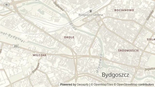 Mapa okolicy: Śluza Okole — Bydgoszcz. Podgląd obejmuje około 3,6 km w poziomie.