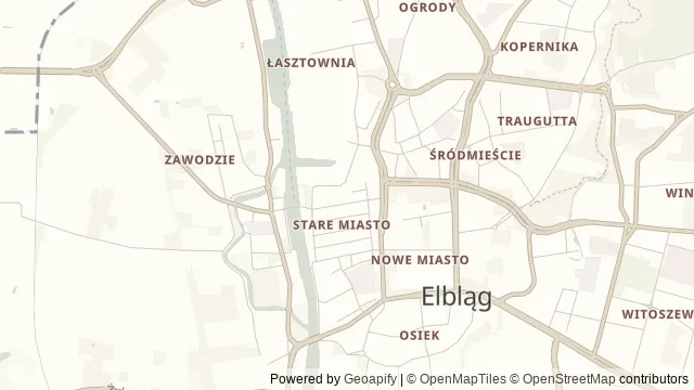 Mapa okolicy: Starówka w Elblągu i retrowersja — Elbląg. Podgląd obejmuje około 3,6 km w poziomie.