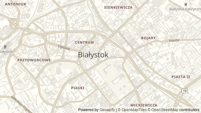 Mapa okolicy: Szlak białostockich murali — Białystok. Podgląd obejmuje około 3,6 km w poziomie.