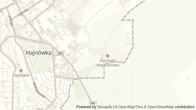 Mapa okolicy: Wąskotorowe Kolejki Leśne Nadleśnictwa Hajnówka, trasa Hajnówka – Topiło – Hajnówka — Hajnówka, Puszcza Białowieska. Podgląd obejmuje około 3,6 km w poziomie.