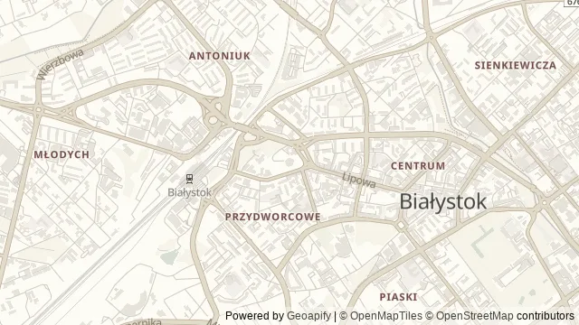 Mapa okolicy: Punkt widokowy na wieży kościoła św. Rocha — Białystok. Podgląd obejmuje około 3,6 km w poziomie.
