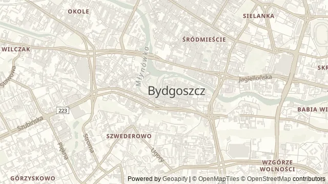 Mapa okolicy: Wyspa Młyńska — Bydgoszcz. Podgląd obejmuje około 3,6 km w poziomie.