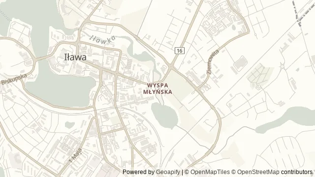 Mapa okolicy: Wyspa Młyńska w Iławie — Iława, Pojezierze Iławskie. Podgląd obejmuje około 3,6 km w poziomie.