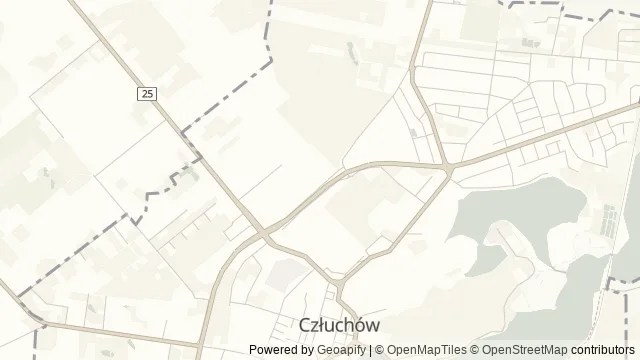 Mapa okolicy: Zamek w Człuchowie — Człuchów, Bory Tucholskie. Podgląd obejmuje około 3,6 km w poziomie.