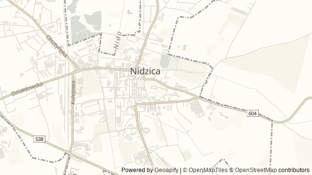 Mapa okolicy: Zamek w Nidzicy — Nidzica, Mazury Południowe. Podgląd obejmuje około 3,6 km w poziomie.