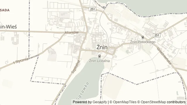 Mapa okolicy: Żnińska Kolej Wąskotorowa — Żnin, Kujawy i Pałuki. Podgląd obejmuje około 3,6 km w poziomie.
