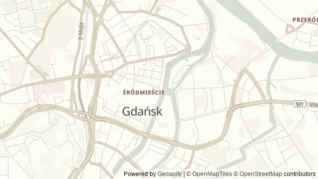 Mapa okolicy: Żuraw nad Motławą — Gdańsk. Podgląd obejmuje około 3,6 km w poziomie.